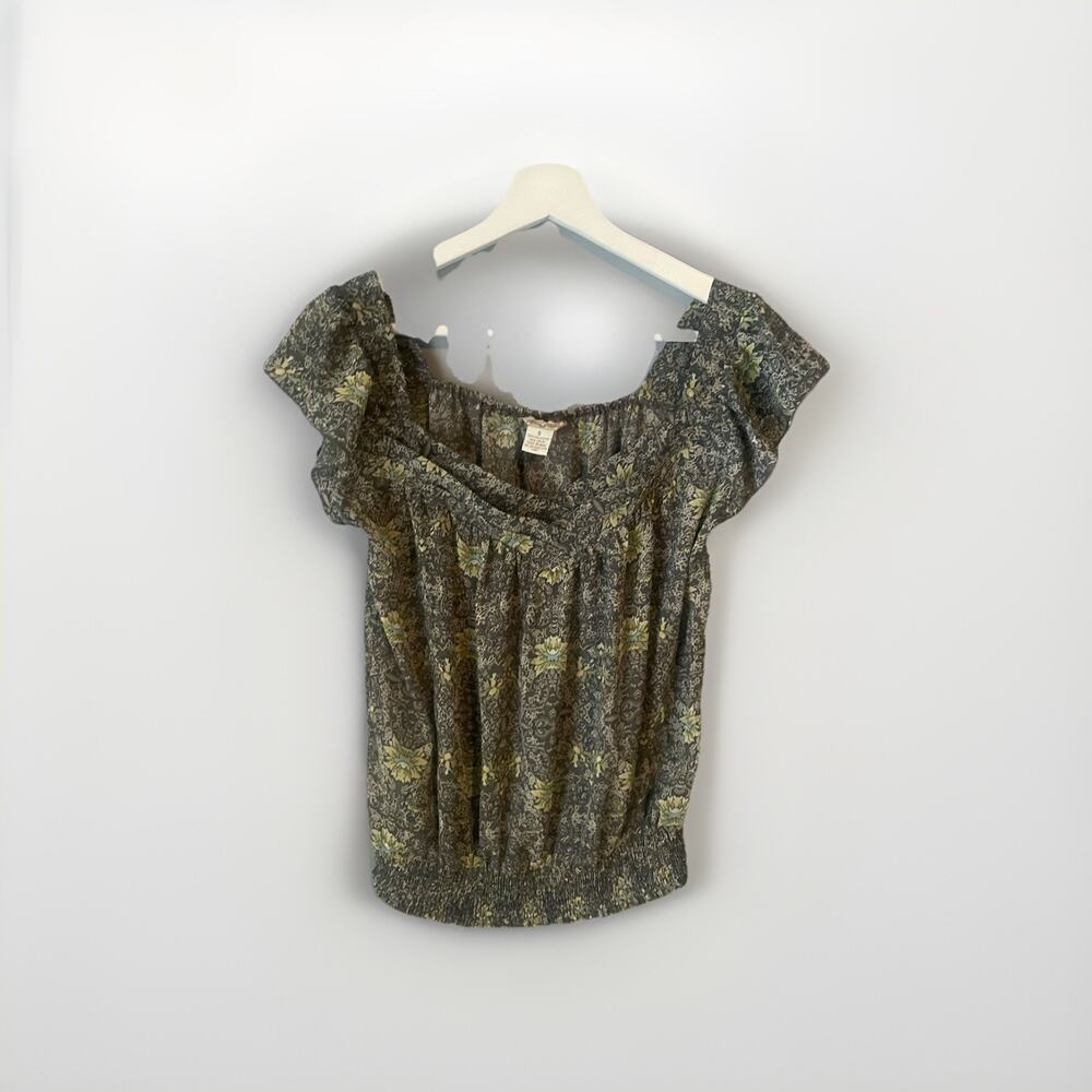 Fun & Flirt Floral Blouse Sheer Green Grey Boho Pleated Size Small‎ Y2K